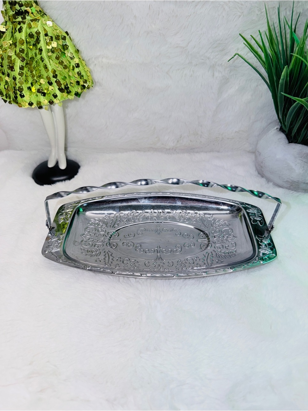 Butter Tray Vintage Chrome Vine Embossed for Serving w/ Folding Handle 🔥